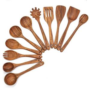 lot 43090 image: 11 Pcs Wooden Kitchen Utensils Set - Wooden Spoons, Spatulas and More for Cooking - Retail $24