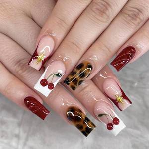 lot 43099 image: Medium Square Press on Nails Brown Leopard Print and Red Fake Nails 3D Cherry Artificial Nail Party Acrylic Stick on Nail for Women 24pcs - Retail $7
