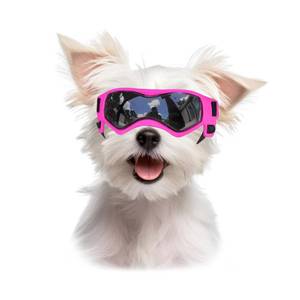 lot 43110 image: Billionchains Dog Goggles Dog Sunglasses for Small Breed UV Protection Windproof with Adjustable Head Straps Chin Straps for Ride CarHiking TravelOn Beach-Pink - Retail $10