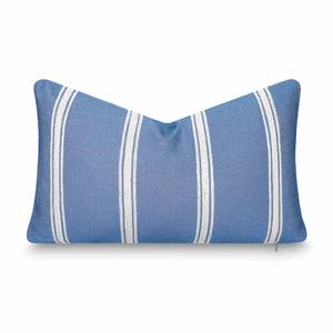 lot 43113 image: Crumbs Home California Casual Coastal Indoor Outdoor Lumbar Pillow Cover, 12x20 Water Repellent for Patio, Backyard, Couch, Poolside, Azure Blue White Embroidered Stripes - Retail $30