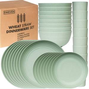 lot 60541 image: Wheat Straw Dinnerware Sets  Unbreakable Dinnerware Sets  Dishwasher Microwave Safe Dinnerware  Eco Friendly Non Breakable Dinnerware Sets  RV Outdoor Camping (Green, Service for 8 (32 pcs)) - Retail $44