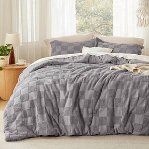 lot 62199 image: Bedsure Grey King Size Comforter Set, Boho Tufted Bed Set, Checkered Farmhouse-Style Distressed Vintage Bedding, 3 Pieces, 1 Plaid Geometric Comforter and 2 Pillow Shams - Retail $80