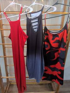 lot 9 image: Lot of 3 Womens Spaghetti Strap Dresses - Express Red Maxi, Black Ombre Cutout, Red Camo Mini
