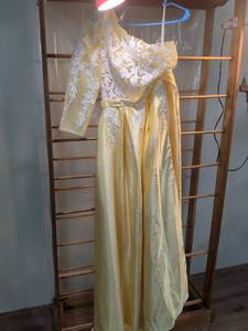 lot 12 image: Yellow Satin Ball Gown with White Lace Overlay