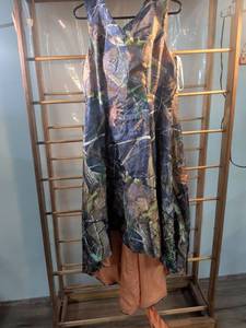 lot 18 image: Camo Print Hi-Low prom dress with Orange Sash