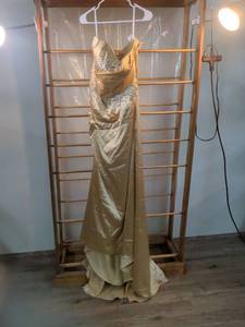 lot 28 image: Gold Satin Rhinestone Embellished Formal Gown Size 10