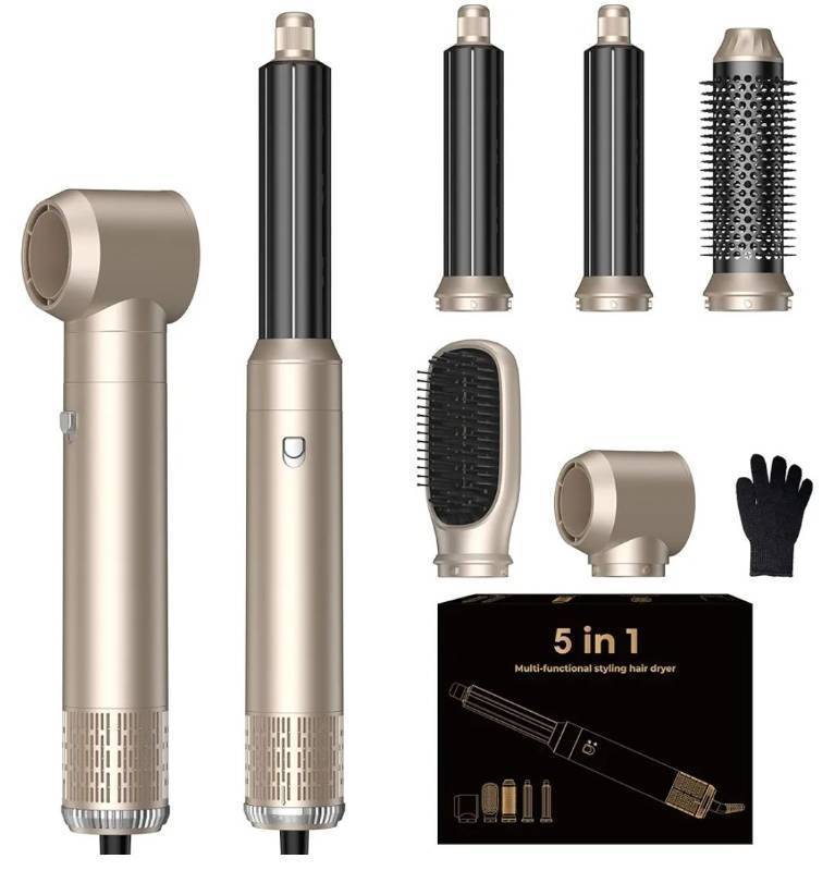lot 16692 image: Blow Dryer Brush Set 5 in 1, Hot Air Styler Negative Ionic Low-Temp Hair Care Air Curling Wrap, Round Brush Dryer & Curling Iron for Dry Volumize Straight Curl, 100-120V - Retail $54