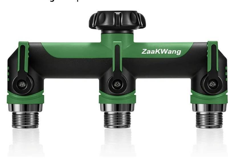 lot 62887 image: Garden Hose Splitter, 3 Way Hose Splitter, Heavy Duty Water Hose Bib Spigot Splitter, Outdoor Faucet Splitter with Shutoff Valve, T Adapter Connector with 34 - Inch GHT Thread (Green) - Retail $27