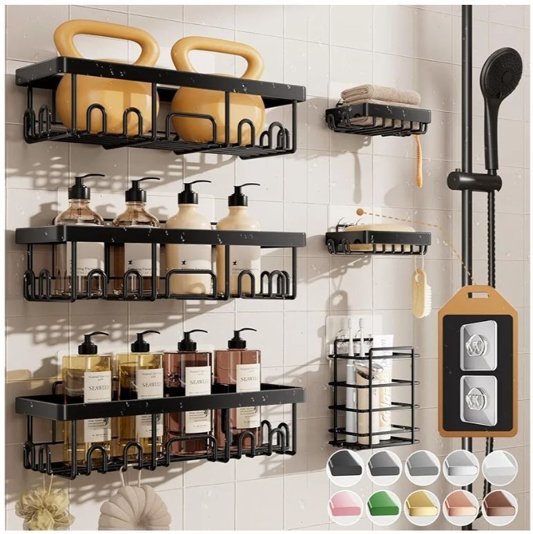 lot 27263 image: Shower Caddy 6-Pack, Advanced Rustproof Design, No Drilling Adhesive Shelves, Rack with Soap Holder, Large Capacity Bathroom Organizers and Storage, Wall-Mounted - Retail $30