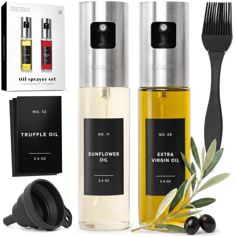 lot 62507 image: Oil Sprayer Set of 2 Oil Spray Bottle Made of Stainless Steel & Glass, for Healthy Cooking, Sprayer for Precise Dosage, for Cooking Oil & Vinegar Including (Silver Lids, 2 Pack) - Retail $20