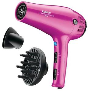 lot 27612 image: Conair Hair Dryer with Retractable Cord, 1875W Blow Dryer, 3 Heat Settings, 2 Speeds, Blow Dryer with Diffuser and Concentrator Attachments, Ionic  Tourmaline Technology, Pink - Retail $22