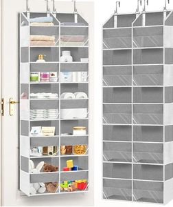 lot 27613 image: Over The Door Organizer, 5-Tier Extra Large Behind Door Storage with 10 Big Front & 10 Mesh Pockets, 80lb Capacity, Hanging Storage Organizer with Clear Window Kids Toys, Shoes, Diapers, Light Grey - Retail $20