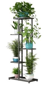 lot 27614 image: Plant Stand Indoor Outdoor Metal 5 Tier 6 Potted Multiple Flower Pot Holder Shelf Planter Display Shelving Unit for Patio Garden Corner Balcony Living Room (5 Tier 6 Potted, Dark Grey) - Retail $24