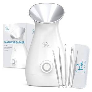 lot 27626 image: Pure Daily Care NanoSteamer Large 3-in-1 Nano Ionic Facial Steamer with Precise Temp Control - Humidifier - Unclogs Pores - Blackheads - Spa Quality - Bonus 5 Piece Stainless Steel Skin Kit (Silver) - Retail $40