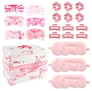 lot 27627 image: 30 Pcs Sleepover Party Supplies for Girls, 6 Style Cute Pink Bow Blanket 6 Hair Clips 6 Hair Ties 6 Plush Pink Eye Mask Cover 6 Coral Fleece Spa Headband for Slumber Party Supplies for Girls - Retail $49