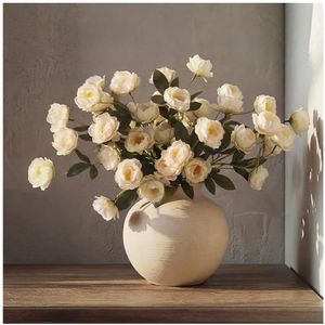 lot 27639 image: 6 Pcs 32 Large Beige Artificial Peonies Stems Flowers, Real Look Faux Silk Peony Bouquet  - Retail $30