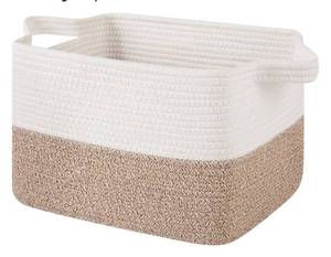 lot 27650 image: Woven Storage Basket for Shelves, Rectangle Cotton Rope Baskets for Organizing, 13 x 10 x 9 in, Storage Bins for Dog Toys, Towel, Books, Gift, Brown and White. 3 Count. SIZE UNKNOWN. - Retail $40