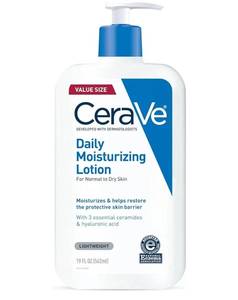 lot 27659 image: CeraVe Daily Moisturizing Lotion for Dry Skin, Body Lotion & Face Moisturizer with Hyaluronic Acid and Ceramides, Daily Moisturizer, Fragrance Free, Oil-Free, 19 Ounce - Retail $19