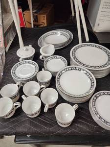 lot 1058 image: White Porcelain Dinnerware Set with Black Floral Border and Silver Trim