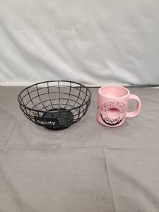 lot 2346 image: Pink Doughnut Ceramic Mug and Black Wire Candy Basket Set
