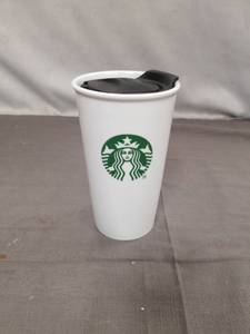 lot 2387 image: Starbucks White Ceramic Travel Tumbler 10 oz with Black Lid