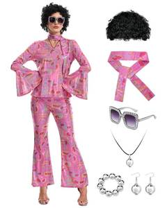 lot 5728 image: Yonroik 70s Disco Costume for Women-7 Pcs Disco Outfit with Sequin Top & Bell Bottoms,Wig, Earrings, glasses, Necklace, Headband (Pink, Large)