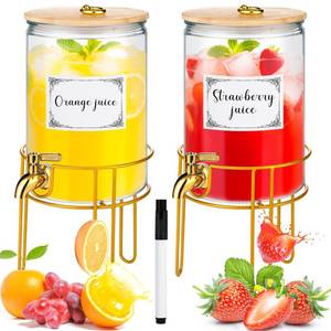 lot 5739 image: 1 Gallon Drink Dispenser,2 Pack Glass Beverage Dispenser With Stand,Juice Containers with Lid for Party,Drink Dispensers for Parties With Spigot for LemonadeSodaTea