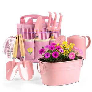 lot 5746 image: Floraxa 8Pcs Kids Gardening Set with Metal Basket & Real Metal Tools, STEM Outdoor Exploration Kit, Ergonomic Wooden Handles, 3 Shovels, Rake, Watering Can, Gloves, Toy Gift for Toddler Boys Girls