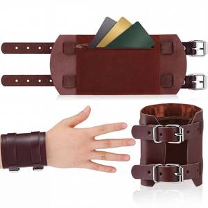 lot 5751 image: Shinylin Leather Wrist Wallet for Men Cuff Wristband Handmade Hidden Pocket with Secret Zipper for Cash Adjustable Safe Wallet Full Grain Leather for Travelers Bourbon Brown