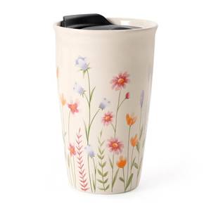 lot 5762 image: ANTISS HOME Ceramic Travel Mug with Lid, Flower Pattern Beige Double Wall Coffee Mug Tumbler, Reusable Tall Cup, Splash Resistant Lid, Dishwasher Microwaveable Safe