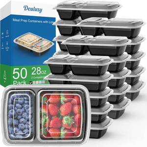 lot 5779 image: Dealusy 50 Pack (100-Piece) 28 oz Meal Prep Containers Reusable with Lids 2-Compartment, Sturdy Leakproof Food Safe, Microwave Freezer Dishwasher Safe, To Go Take Out Plastic Food Storage, Black