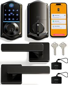 lot 5787 image: Veise VE017-B Fingerprint Smart Lock for Front Door, App Control, 8-in-1 Keyless Entry Deadbolt with 2 Zinc Alloy Lever Handles Set, Emergency Power Port, Auto Lock, Electronic Keypad, Black