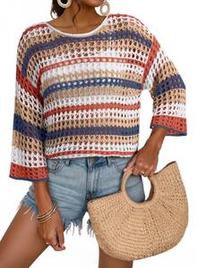 lot 5828 image: Dokotoo Summer Tops for Women Crochet Knitted Hollow Out Off The Shoulder Sweater Striped Color Block 34 Sleeve Casual Loose Shirts Fashion Cruise Outfits Beach Vacation Clothes 2026 Beige Small