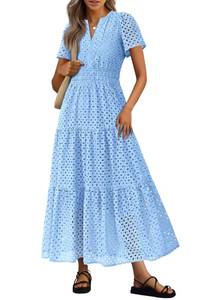 lot 5840 image: PRETTYGARDEN Womens 2026 Summer Maxi Dress Short Sleeve V Neck Hollow Out Eyelet A Line Long Flowy Beach Vacation Dresses (Light Blue,X-Small)