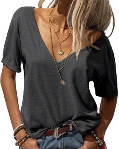 lot 5842 image: Danedvi Women Fashion Deep V-Neck Short Sleeve Tops Solid Casual Loose Basic T Shirt Black XL