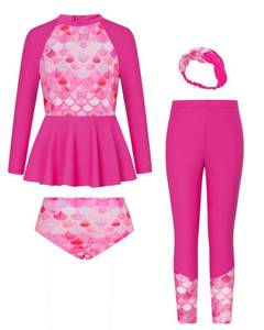 lot 5845 image: Tween Girls Swimsuit Size 10-12 Long Sleeve 4 Piece Mermaid Bathing Suit Rash Guard Swimwear 12Y