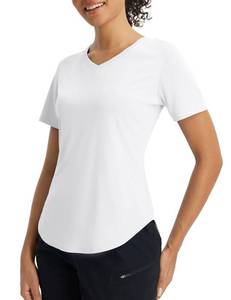 lot 5847 image: baleaf Womens Sun Shirt Short Sleeve Lightweight Quick Dry UPF 50 V Neck Loose Fit Workout Top Running Hiking Travel White L
