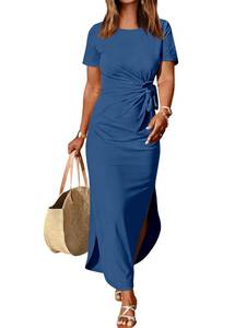 lot 5850 image: Prinbara Womens Summer Maxi Dress Casual Short Sleeve Tie Waist Split Long Tshirt Dresses 2026 Spring Vacation Cruise Clothes Deep Blue Large