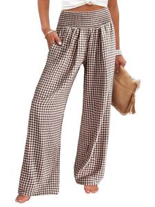 lot 5851 image: ANRABESS Womens Palazzo Pants, Striped & Gingham, Lounge & Casual, Cute Pajama Pants, Wide Leg, High Waisted, Pockets Brown White Plaid X-Large