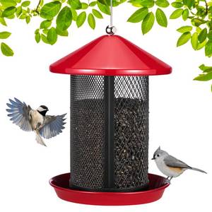 lot 5879 image: Veehoo Metal Bird Feeder for Outdoors-Dual Seed Chambers & Wild Bird Feeder Hanging Bird Feeder for Outside, Mesh Tube Feeder with Weatherproof Roof for Cardinal Bluebird Finch, Red