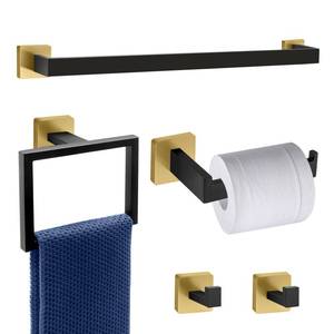 lot 5884 image: 5 Piece Black and Gold Towel Bar Set - Gold and Black Bathroom Accessories with 2 Towel Hook, Stainless Steel Wall Mounted Bathroom Towel Rack Set - Square 16-Inch