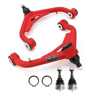 lot 5897 image: 2-4 Lift Front Upper Control Arms for 2001-2010 Chevy SilveradoGMC Sierra 2500HD3500HD 4WD, 2001-2004 Chevy SilveradoGMC Sierra 2500, PU Bushing, 2 Replacement Ball Joints, Wrinkle Red
