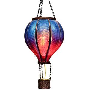 lot 5899 image: TERESAS COLLECTIONS Hot Air Balloon Solar Lantern for Garden Decor, Flickering Flame Hanging Solar Light for Outdoor Decorations, Blue & Purple Plastic Lamp for Yard Tree Porch Party, Gift for Mom