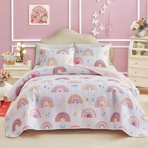 lot 5927 image: Joyreap Queen Size Quilt Set for Girls, Pink Rainbow Lovely Design, 3 Pieces Soft n Cozy Microfiber Quilt, Bedspread Bed Cover for All Season- 90x90 inches