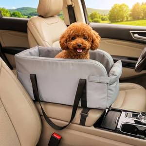 lot 5929 image: Waterproof Faux Leather Center Console Dog Car Seat, 2-in-1 Portable Puppy Carrier & Armrest Booster Seat for Small Dogs, Easy-to-Clean Tech Fabric, Sturdy Cushioned, Anti-Collapse Walls, Under 11 lbs Black