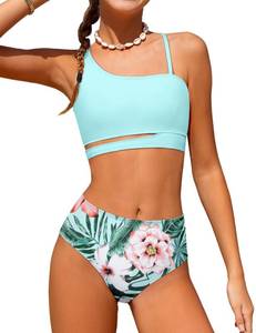lot 5934 image: Queenstyle Girls Teen Swimsuit Size 13 14 Bathing Suits 13-14 Blue Floral Print High Waist Bikini Teen Girls Swimwear with Adjustable Strap
