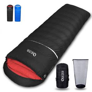 QEZER Down Sleeping Bag for Adults 600 Fill Power Down Sleeping Bag Cold Weather Ultralight Sleeping Bag with Pouch for Backpacking, Camping, Hiking (1500g Down Filling-Black-Right Zip)