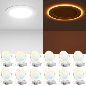 lot 5952 image: Amico 10 Pack 6 Inch 5CCT LED Recessed Ceiling Light with Night Light, 2700K3000K3500K4000K5000K Selectable Ultra-Thin Lighting, 12W110W, 1100LM, Dimmable Canless Wafer Downlight ETL&FCC