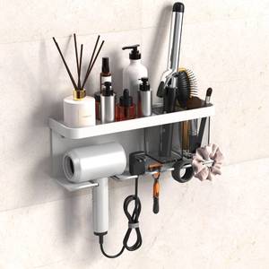 lot 5956 image: YIHOFLO Hair Dryer Holder Wall Mounted AdhesiveDrilling, Hair Dryer Storage Organizer with Shelf & Hooks for Bathroom, Blow Dryer Holder, Hair Tool Organizer (White)