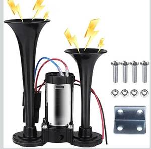 lot 7015 image: Upgraded 12V 600DB Air Horn Dual Trumpets, Super Loud Truck Train Horns Kit with Air Compressor for Any 12V SUV Motorcycle Trucks Pickup Lorries Trains Cars Boats